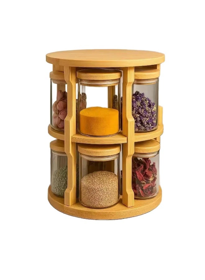 A glass spice organizer with a 360-degree rotating wooden base containing 10 airtight jars to organize spices and legumes in a small space and a stylish design suitable for all kitchens. - Image 1
